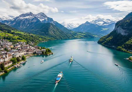 Aerial view of Hallstatt lake and Alps mountains, Austriaの写真素材