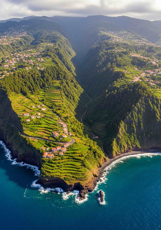 Aerial view of the village of Pico do Arieiro, Madeira island, Portugalの写真素材