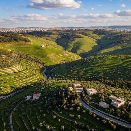 Aerial view of rural landscape with vineyards at sunny summer day, Bulgariaの写真素材