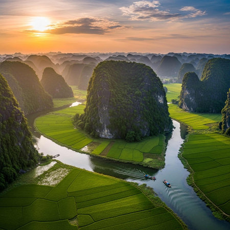 Panoramic view of karst mountains and river at sunsetの写真素材