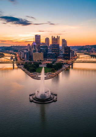 Aerial view of the skyline at sunset.の写真素材