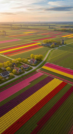 Aerial view of tulip fields in the Netherlands during springtimeの写真素材