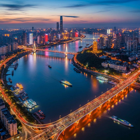 Aerial view of modern city at night, Chongqing, Chinaの写真素材