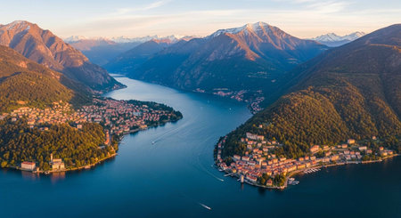 Aerial view of Lake Como at sunset, Lombardy, Italyの写真素材