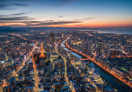 Aerial view of Osaka city at dusk, Japan.の写真素材