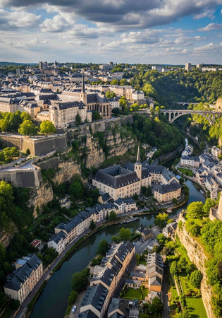Aerial view of the city and the riverの写真素材