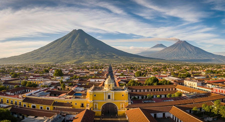 Panoramic view of the city of Batur and volcano Agung in Bali, Indonesiaの写真素材