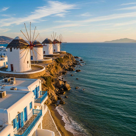 Aerial view of windmills in Mykonos town, Greeceの写真素材