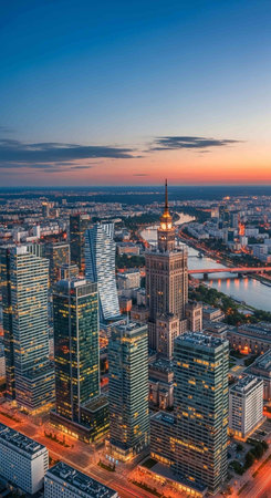 Aerial view of Warsaw skyline at dusk, Poland.の写真素材