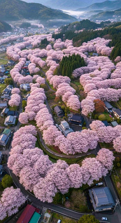 Aerial view of Cherry blossom or Sakura flower in Japan.の写真素材