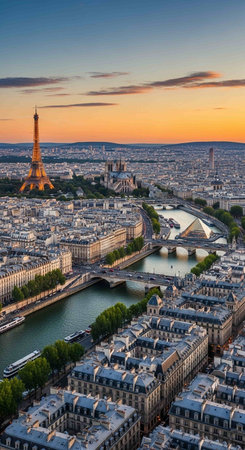 Aerial view of the Eiffel Tower and Seine river at sunset, Paris, Franceの写真素材