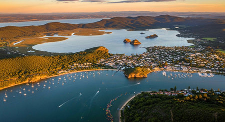 Aerial view of the town of Lindos at sunrise, Rhodes, Greeceの写真素材