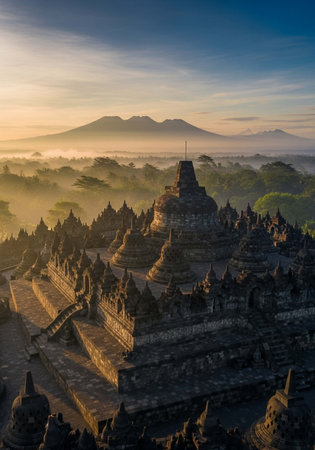 Borobudur Temple at sunrise, Java, Indonesia.の写真素材