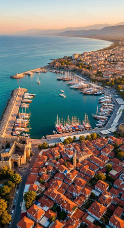 Aerial view of the old city at sunsetの写真素材
