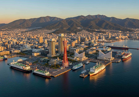 Aerial view of city at sunset.の写真素材