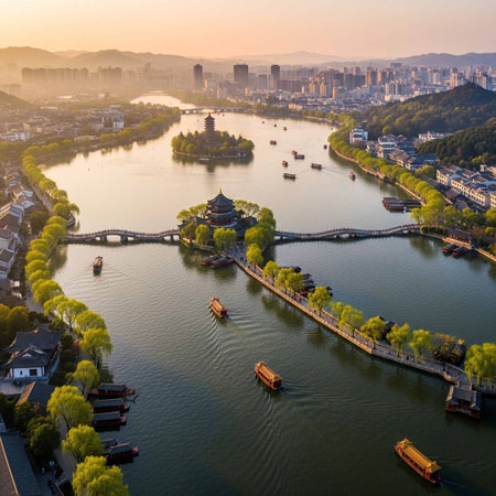 Aerial view of Hangzhou West Lake at sunset, China.の写真素材