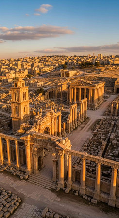 Aerial view of the ancient city of Jerash at sunset, Jordanの写真素材