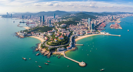 Aerial view of Qingdao coastline and cityscape, Chinaの写真素材