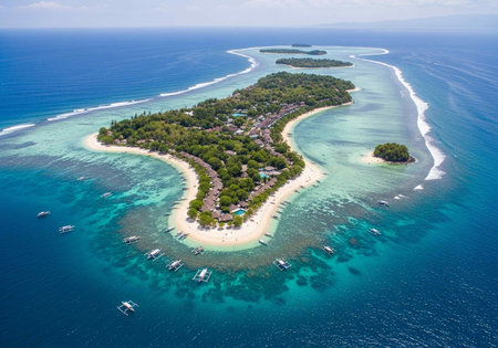 Aerial view of tropical island with sandy beach and turquoise seaの写真素材