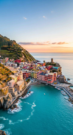 Aerial view of Vernazza, Cinque Terre, Italyの写真素材