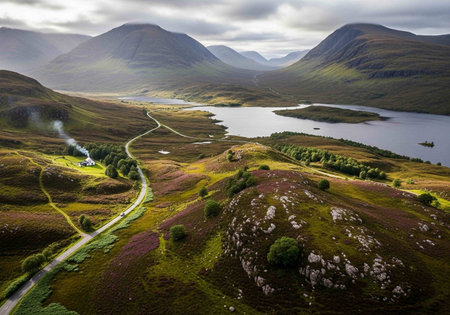 Aerial view of Glencoe in Scotland, United Kingdom, Europeの写真素材