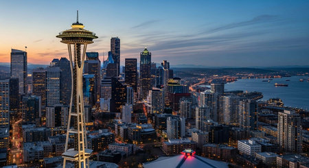 Aerial view of Seattle skyline at sunset, Washington, USA.の写真素材