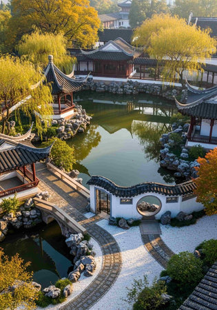A serene garden with traditional Chinese architecture and a tranquil pond.の写真素材
