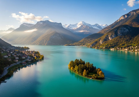 Aerial view of Lucerne lake and Alps mountains, Switzerlandの写真素材