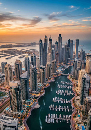 Aerial view of Dubai Marina at sunset, United Arab Emirates.の写真素材