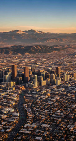 Aerial view of a city at sunset.の写真素材