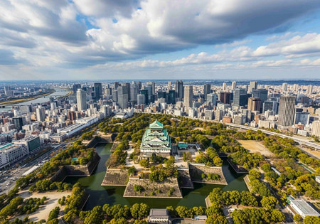 Aerial view of Osaka Castle and Osaka cityscape in Osaka, Japanの写真素材