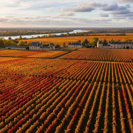 Aerial view of vineyards in autumn, Burgundy, Franceの写真素材