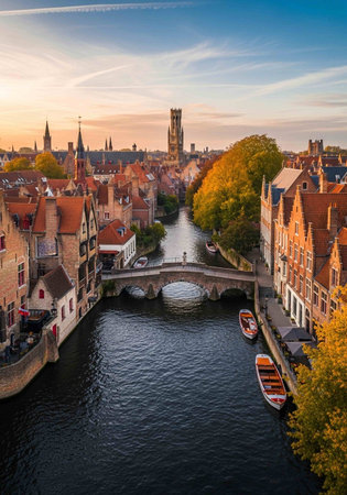 Panoramic view of Bruges, Belgium at sunrise.の写真素材