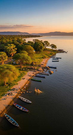 Aerial view of a small fishing village on the shores of Lake Victoriaの写真素材