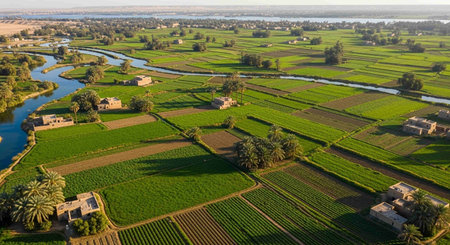 Aerial view of Nile river in Luxor, Egypt. The Nile is one of the largest rivers in the world.の写真素材