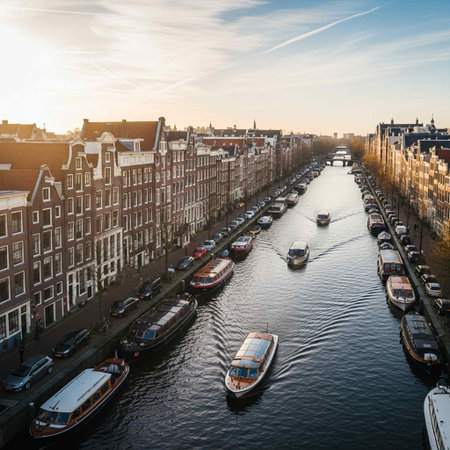 Amsterdam, Netherlands. Aerial view of Amsterdam canals at sunset.の写真素材
