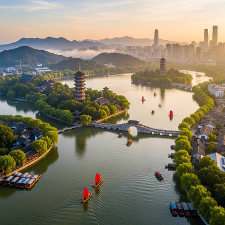 Aerial view of Hangzhou West Lake at sunset, China.の写真素材