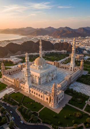 Aerial view of Sheikh Zayed Grand Mosque in Abu Dhabi, United Arab Emiratesの写真素材