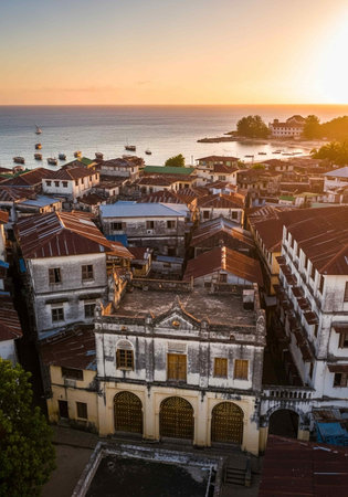 Aerial view of Bali old town at sunset, Indonesia.の写真素材