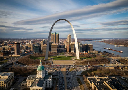 Aerial view of downtown during sunset hours.の写真素材