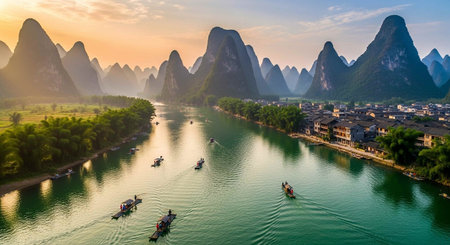 Panoramic view of Yangshuo Guilin, Chinaの写真素材