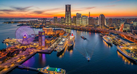 Aerial view of Yokohama city skyline at dusk, Japanの写真素材