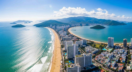 Aerial view of a beach in a coastal cityの写真素材