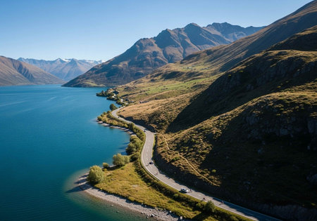 Aerial view of Lake Wakatipu, Queenstown, New Zealandの写真素材