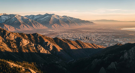 Aerial view of a mountainous region at sunriseの写真素材