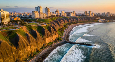 Aerial view of a beach in a coastal cityの写真素材