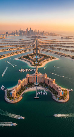 Aerial view of Dubai Marina at sunrise, United Arab Emirates.の写真素材