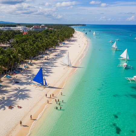 Aerial view of beautiful tropical beach with palm trees and white sandの写真素材