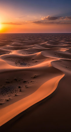 Sunset over the sand dunes in the Sahara desert, Moroccoの写真素材