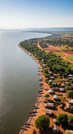 Aerial view of the beach and village on the coastの写真素材